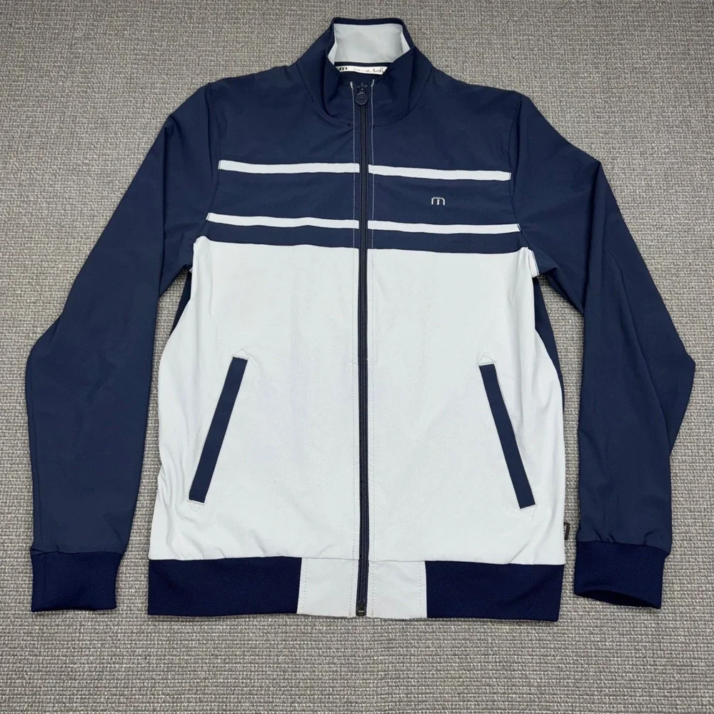 TravisMathew Mens Full Zip Track Jacket‎ Navy Grey Striped Performance Size M